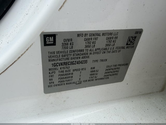 2016 Chevrolet Silverado K1500 Lt მანქანა იყიდება აუქციონზე, vin: 1GCVKREC0GZ404235, აუქციონის ნომერი: 45456262