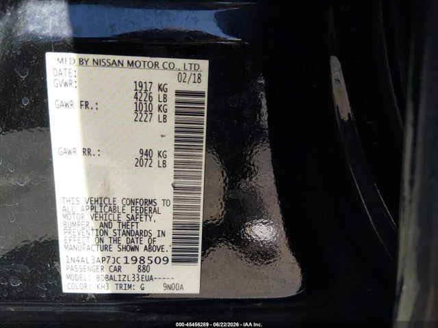 2018 Nissan Altima 2.5 Sv მანქანა იყიდება აუქციონზე, vin: 1N4AL3AP7JC198509, აუქციონის ნომერი: 45456289