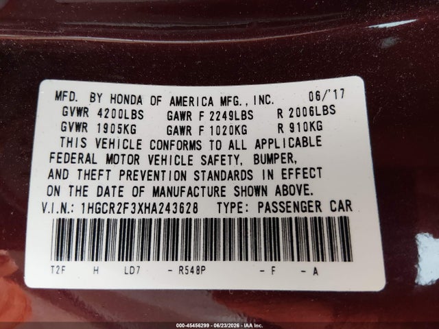 Honda ACCORD LX 2017 1HGCR2F3XHA243628 Image 9