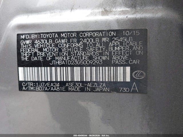 Aukcja sprzedaży 2016 Lexus Is 200t, vin: JTHBA1D23G5009293, numer aukcji: 45456344