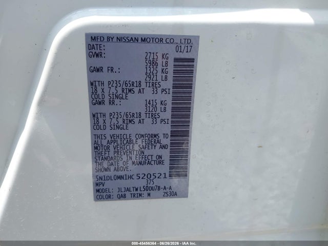 Aukcja sprzedaży 2017 Infiniti Qx60, vin: 5N1DL0MN1HC520521, numer aukcji: 45456364