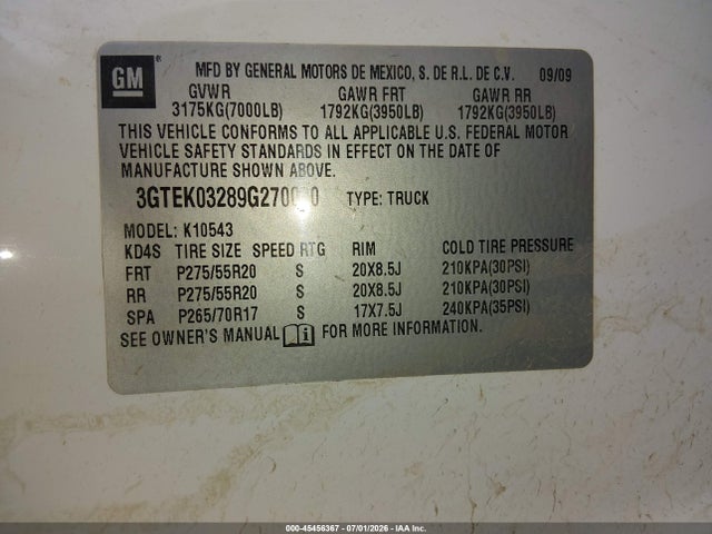 45456367 :رقم المزاد ، 3GTEK03289G270020 vin ، 2009 Gmc Sierra 1500 Denali مزاد بيع