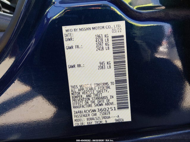 1N4BL4CV5NN360251 Nissan Altima Sr Fwd
