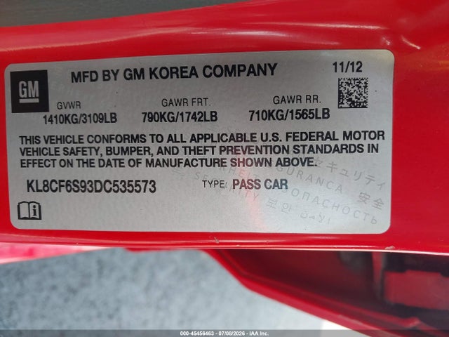 45456463 :رقم المزاد ، KL8CF6S93DC535573 vin ، 2013 Chevrolet Spark 2lt Auto مزاد بيع