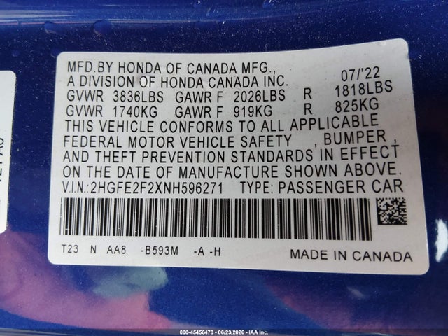 Honda Civic Lx 2022 2HGFE2F2XNH596271 Image 9