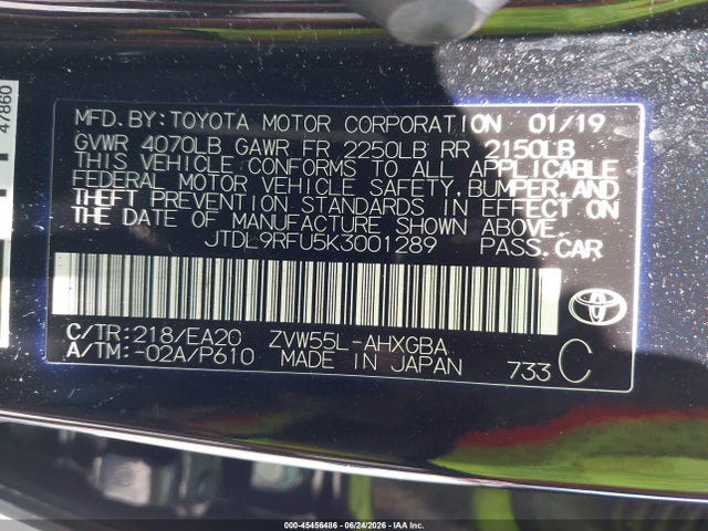 45456486 :رقم المزاد ، JTDL9RFU5K3001289 vin ، 2019 Toyota Prius Xle مزاد بيع
