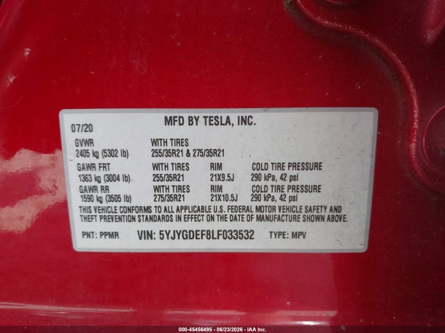 45456495 :رقم المزاد ، 5YJYGDEF8LF033532 vin ، 2020 Tesla Model Y Long Range Dual Motor All-wheel Drive/performance Dual Motor All-wheel Drive مزاد بيع