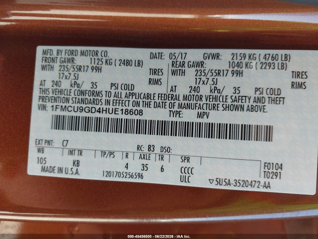 Ford ESCAPE SE 2017 1FMCU9GD4HUE18608 Image 9