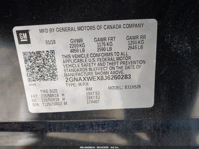 Продажа на аукционе авто 2018 Chevrolet Equinox Premier, vin: 2GNAXWEX8J6260283, номер лота: 45456534