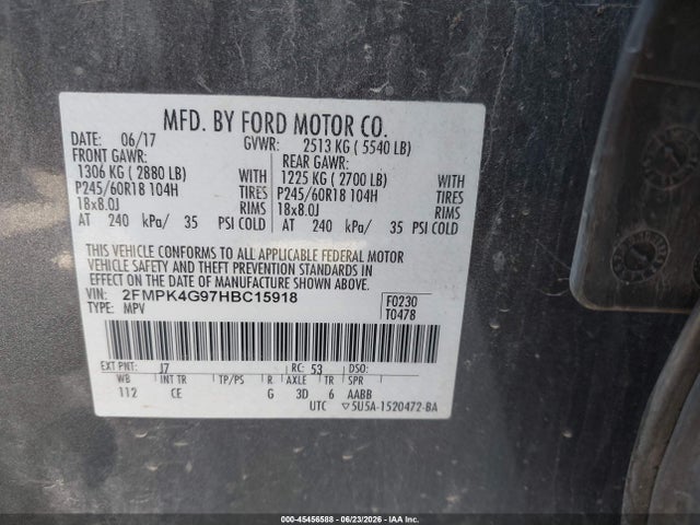 Продажа на аукционе авто 2017 Ford Edge Se, vin: 2FMPK4G97HBC15918, номер лота: 45456588