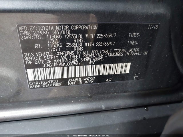 45456589 :رقم المزاد ، JTMG1RFV5KJ002567 vin ، 2019 Toyota Rav4 Le مزاد بيع