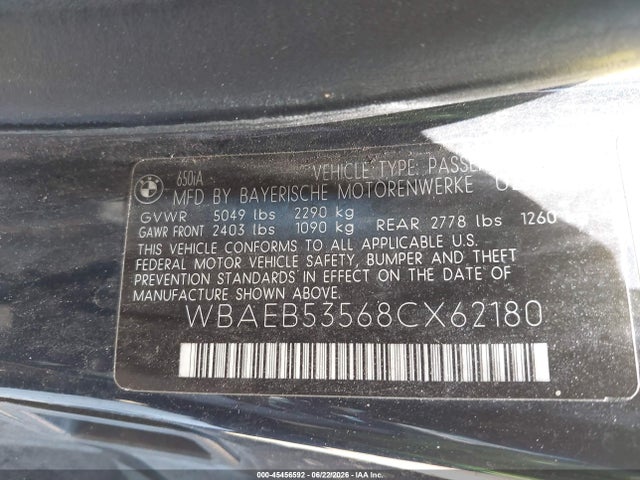 Aukcja sprzedaży 2008 Bmw 650i, vin: WBAEB53568CX62180, numer aukcji: 45456592
