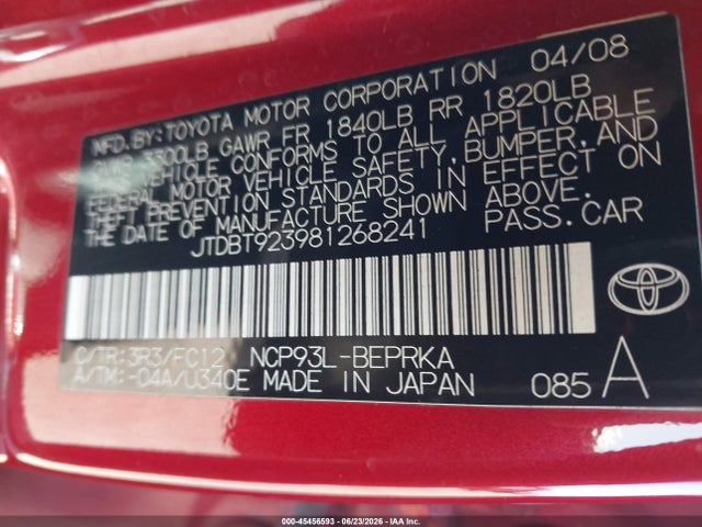 2008 Toyota Yaris მანქანა იყიდება აუქციონზე, vin: JTDBT923981268241, აუქციონის ნომერი: 45456593