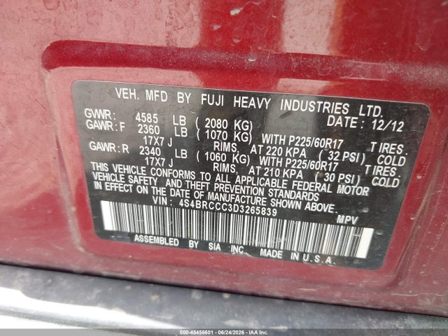 Aukcja sprzedaży 2013 Subaru Outback 2.5i Premium, vin: 4S4BRCCC3D3265839, numer aukcji: 45456601
