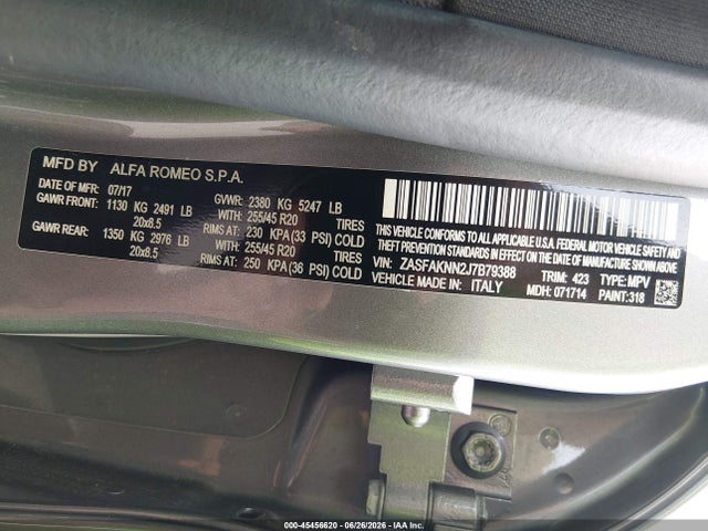 Продаж на аукціоні авто 2018 Alfa Romeo Stelvio Ti Sport Awd, vin: ZASFAKNN2J7B79388, номер лоту: 45456620