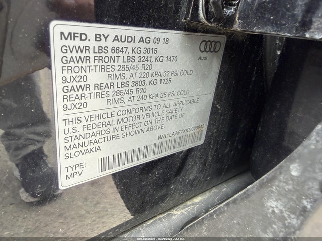 Aukcja sprzedaży 2019 Audi Q7, vin: WA1LAAF7XKD008942, numer aukcji: 45456626