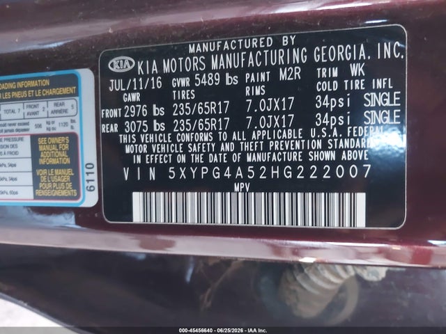 5XYPG4A52HG222007 KIA Sorento 3.3l Lx
