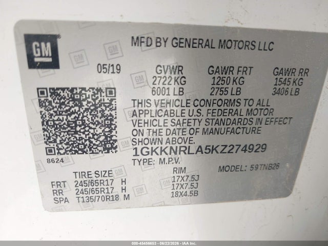 1GKKNRLA5KZ274929 GMC Acadia Sle-1