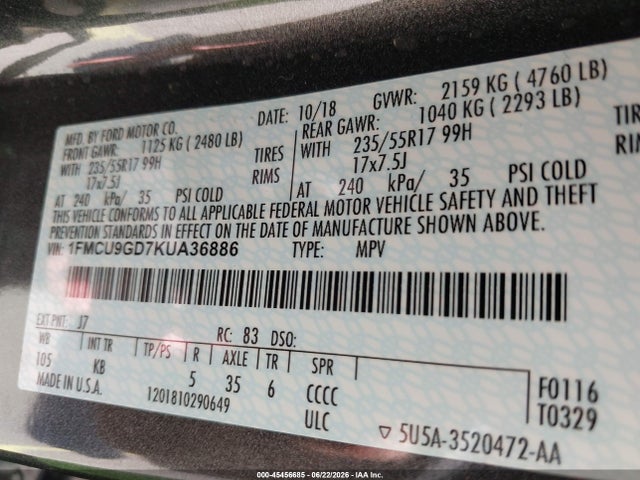 1FMCU9GD7KUA36886 Ford ESCAPE SE
