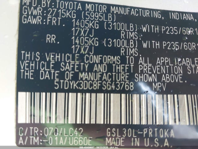 Toyota Sienna Xle 8 Passenger 2015 5TDYK3DC8FS643768 Image 9
