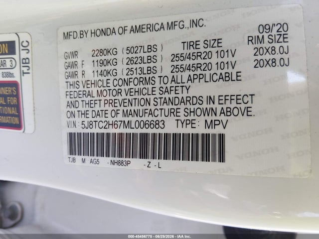 45456775 :رقم المزاد ، 5J8TC2H67ML006683 vin ، 2021 Acura Rdx A-spec Package مزاد بيع