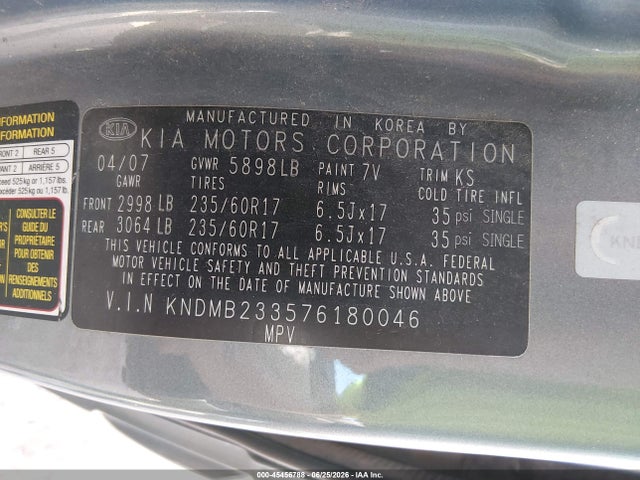 Aukcja sprzedaży 2007 Kia Sedona Ex, vin: KNDMB233576180046, numer aukcji: 45456788