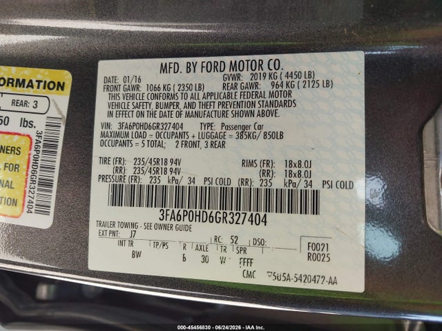 Aukcja sprzedaży 2016 Ford Fusion Se, vin: 3FA6P0HD6GR327404, numer aukcji: 45456830