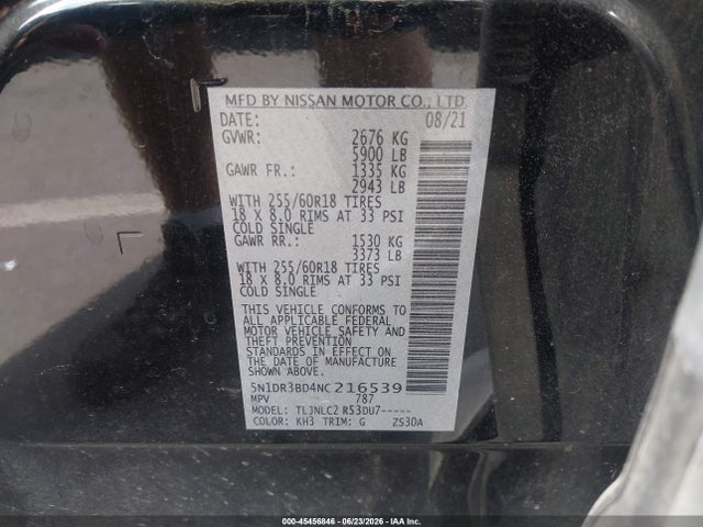 45456846 :رقم المزاد ، 5N1DR3BD4NC216539 vin ، 2022 Nissan Pathfinder Sv 4wd مزاد بيع
