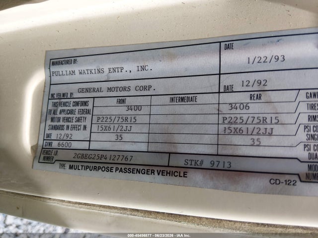 45456877 :رقم المزاد ، 2GBEG25Z5P4127767 vin ، 1993 Chevrolet G20 مزاد بيع