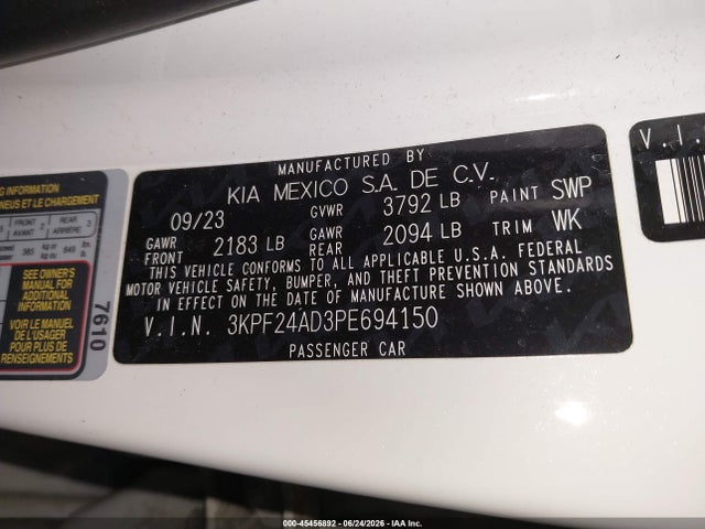 45456892 :رقم المزاد ، 3KPF24AD3PE694150 vin ، 2023 Kia Forte Lxs مزاد بيع