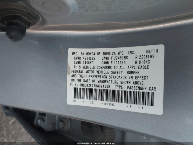 Honda ACCORD LX 2017 1HGCR2F37HA024609 Image 9