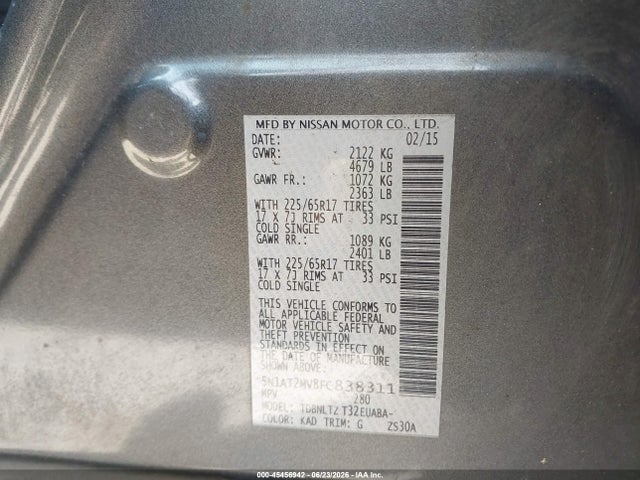 2015 Nissan Rogue Sv მანქანა იყიდება აუქციონზე, vin: 5N1AT2MV8FC838311, აუქციონის ნომერი: 45456942