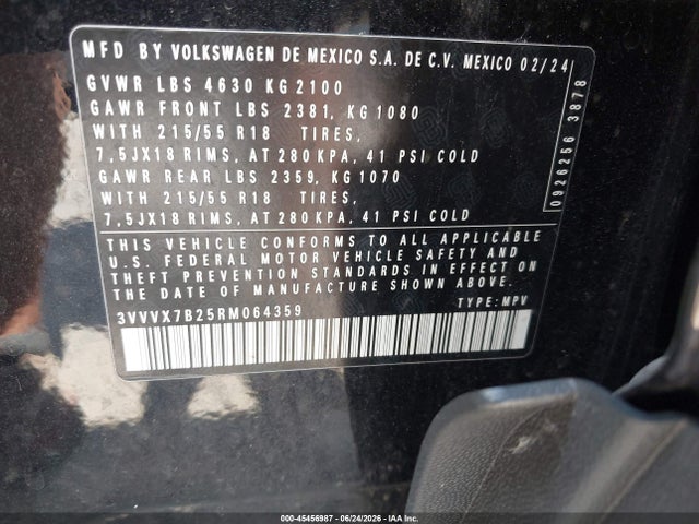 2024 Volkswagen Taos 1.5t Se მანქანა იყიდება აუქციონზე, vin: 3VVVX7B25RM064359, აუქციონის ნომერი: 45456987