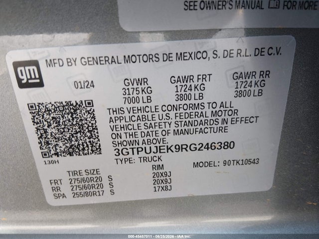 45457011 :رقم المزاد ، 3GTPUJEK9RG246380 vin ، 2024 Gmc Sierra 1500 مزاد بيع