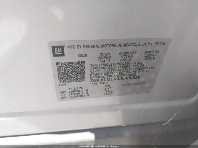 2018 Gmc Terrain Sle მანქანა იყიდება აუქციონზე, vin: 3GKALMEV4JL400529, აუქციონის ნომერი: 45457026