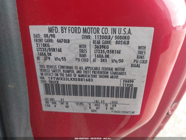 Aukcja sprzedaży 1999 Ford F-350 Lariat/xl/xlt, vin: 1FTWX33LXXEB81683, numer aukcji: 45457043