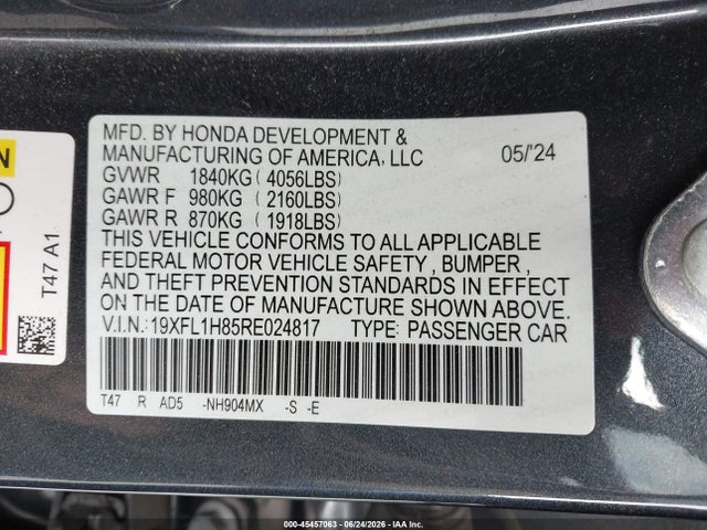 Продажа на аукционе авто 2024 Honda Civic Sport Touring, vin: 19XFL1H85RE024817, номер лота: 45457063