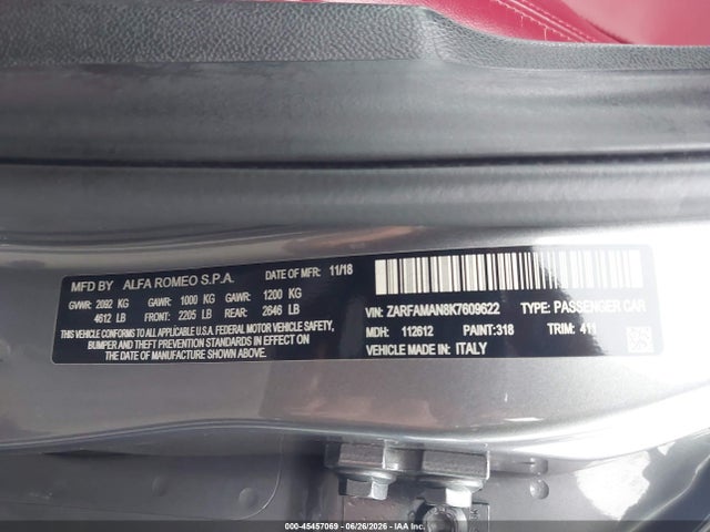 Aukcja sprzedaży 2019 Alfa Romeo Giulia Rwd, vin: ZARFAMAN8K7609622, numer aukcji: 45457069