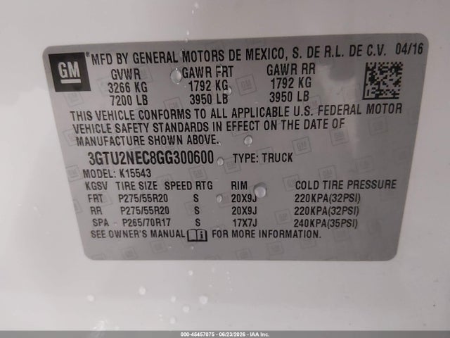 2016 Gmc Sierra 1500 Slt მანქანა იყიდება აუქციონზე, vin: 3GTU2NEC8GG300600, აუქციონის ნომერი: 45457075