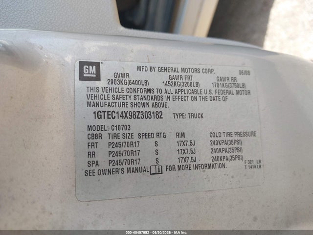 Aukcja sprzedaży 2008 Gmc Sierra 1500 Work Truck, vin: 1GTEC14X98Z303182, numer aukcji: 45457092