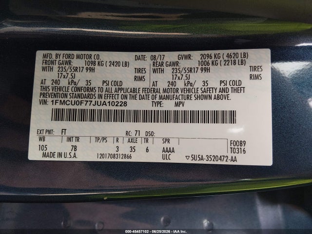 Продажа на аукционе авто 2018 Ford Escape S, vin: 1FMCU0F77JUA10228, номер лота: 45457102