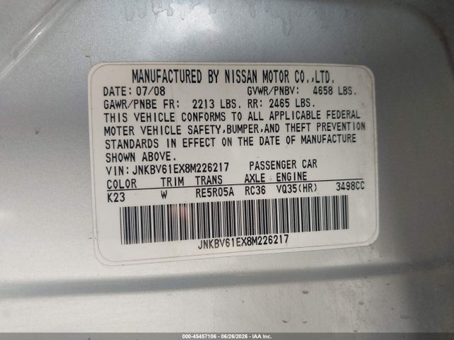 Продажа на аукционе авто 2008 Infiniti G35 Journey, vin: JNKBV61EX8M226217, номер лота: 45457106