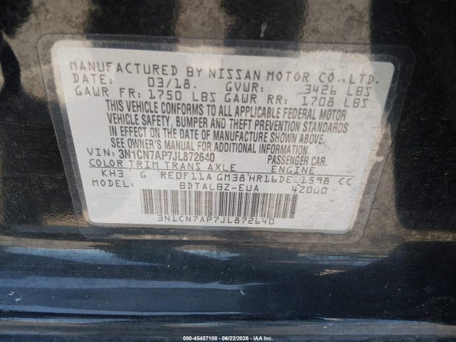 3N1CN7AP7JL872640 Nissan Versa 1.6 Sv