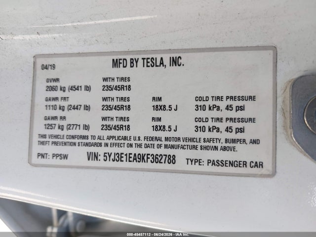 Tesla Model 3 Long Range/mid Range/standard Range/standard Range Plus 2019 5YJ3E1EA9KF362788 Image 9