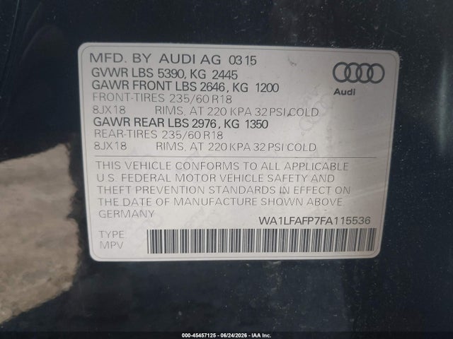 Продаж на аукціоні авто 2015 Audi Q5 2.0t Premium, vin: WA1LFAFP7FA115536, номер лоту: 45457125