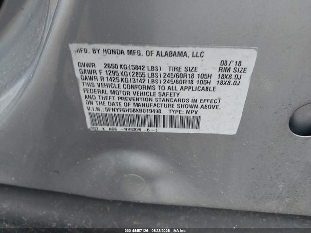 Honda Pilot Ex-l 2019 5FNYF6H58KB019498 Image 9