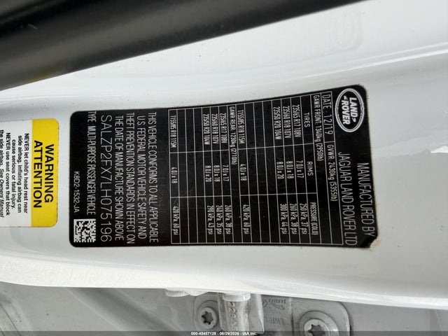 Aukcja sprzedaży 2020 Land Rover Range Rover Evoque Se, vin: SALZP2FX7LH075196, numer aukcji: 45457128