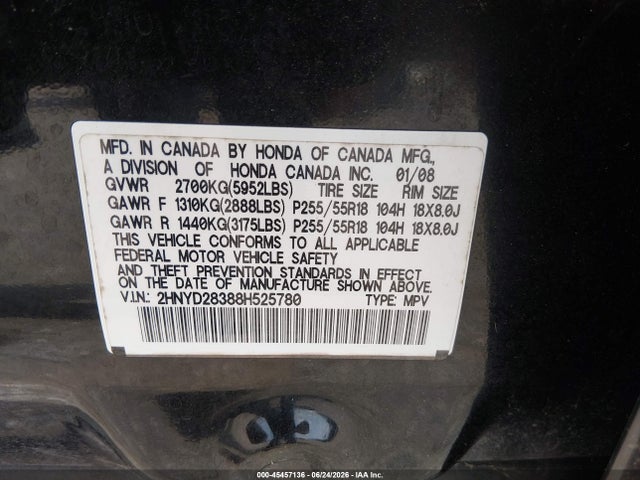 45457136 :رقم المزاد ، 2HNYD28388H525780 vin ، 2008 Acura Mdx Technology Package مزاد بيع