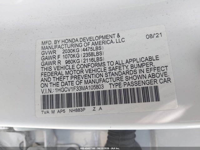 Aukcja sprzedaży 2021 Honda Accord Sport, vin: 1HGCV1F33MA105803, numer aukcji: 45457165
