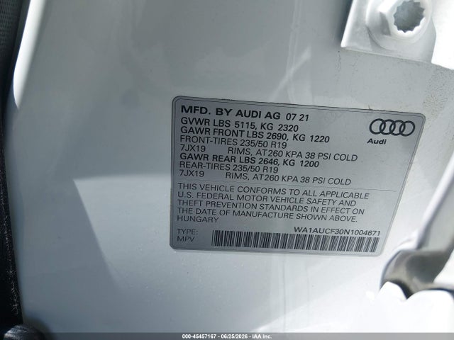 Продаж на аукціоні авто 2022 Audi Q3 Premium 40 Tfsi Quattro Tiptronic, vin: WA1AUCF30N1004671, номер лоту: 45457167